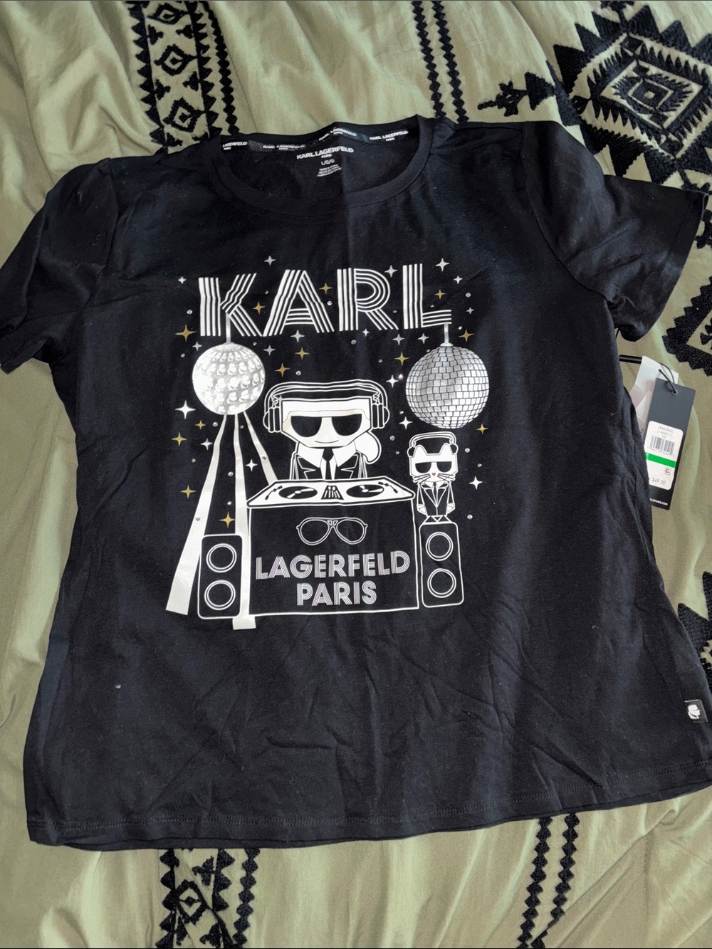 Karl Lagerfeld Black womens Graphic DJ Tee with White Print